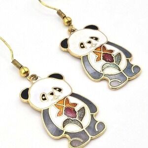 Cute 1980s Enamel Cloisonne Panda Bear Dangle Earrings Gold Tone Hooks Charm